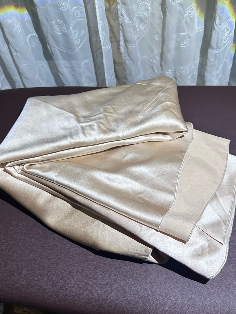 Smooth Satin Champagne Neutral Beige Light Tan Huge Round Tablecloth  128” - Picture 3 of 7